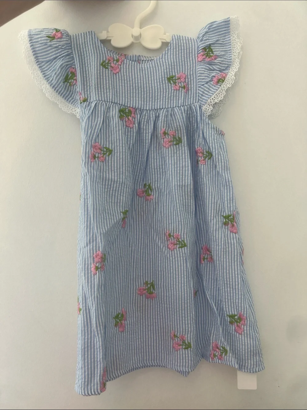 Toddler Blue White Seersucker Embroidered Pink Flowers Lace Ruffle Sleeve Dress